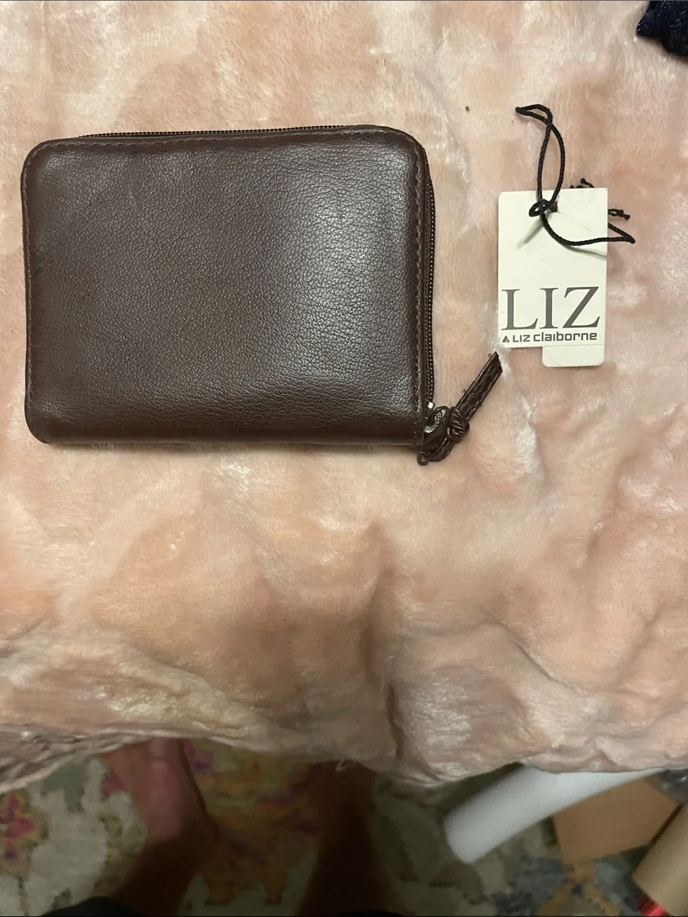 Liz Claiborne Dark Brown Pebbled Leather Zip Wallet with Crest Accent